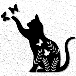 gatto farfalle parete arte gattino farfalla arredamento realistico silhouette fiori gatti amante 2d vero tabby razza pieno corpo 3d print model - Mito3D