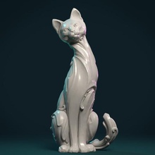 chat figurine art cat orné la statue de style art-nouveau moderne baroque décoration diable les parchemins slim 3d print model - Mito3D