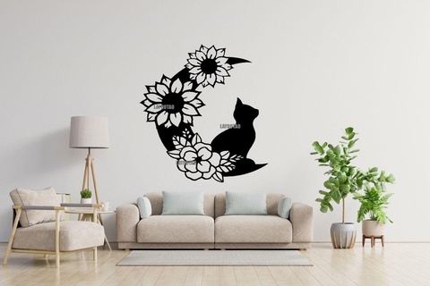 cat moon flowers wall decoration Home cat moon flowers deco vegan animal decoration table wall  3d print model - Mito3D
