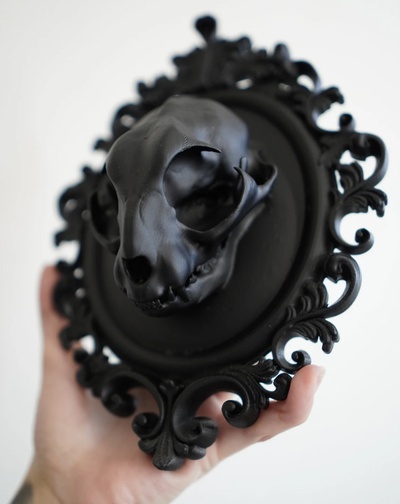 gato cráneo enmarcado arte craneo calaveras barroco cuadro oval 3d print model - Mito3D