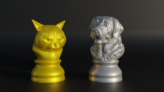 cat versus dog figure chess set - 8 different pieces 3d print model stl animal anim board scifi labrador grumpy linus strategy king queen bishop rook pawn knight games 3d print model - Mito3D