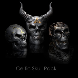 céltico cráneo 3 paquete ii queisser skull with horns celtic symbols veneno decoración qu3d 3d stl modelo impresión high polygon regalo 3d print model - Mito3D