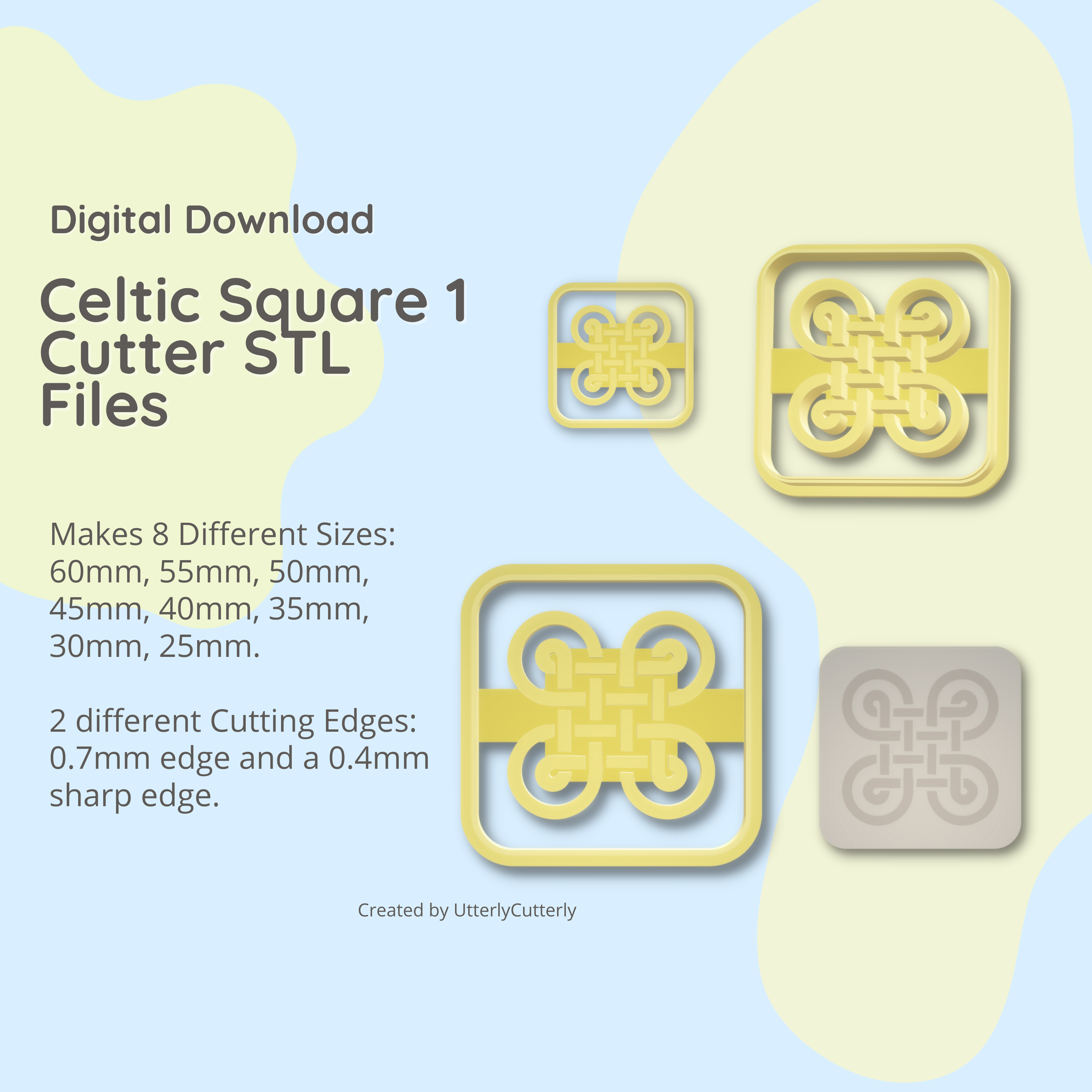 celtic square 1 knot clay cutter - stl digital file download- 8 sizes 2 cutter versions clay cutter claycutter clay cutters earring earrings earring cutter embossed cutter embossed earring stl crescent moon clay cutter celtic knot viking gaelic  3D print model - Mito3D