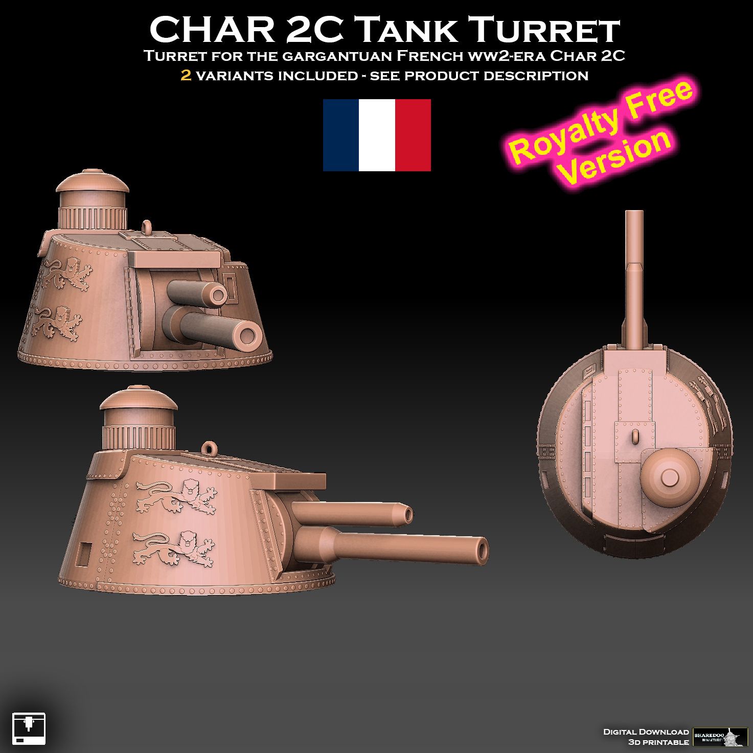 kömür 2c tank Küçük kule telif Bedava versiyon cıvata aksiyon zırh panzer ww2 ww1 dünya savaş 2 char2c kaplan oyunu masaüstü araç topçu top tabanca Fransa Ordu Blitzkrieg kale 3D print model - Mito3D