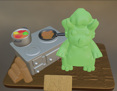 chef saurus dinosaur dino profecionista trabajo cocina estufa le soup pots rustic triceratop 3d print model - Mito3D