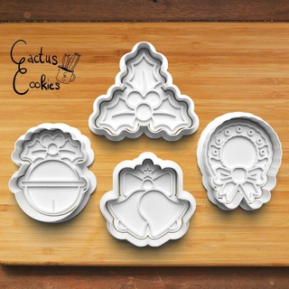 christmas cookie cutter set 0466 present gift love xmas baking fondant clay anniversary birthday stamp polymer embosser commercial license patreon bell wreath mistletoe santa 3d print model - Mito3D