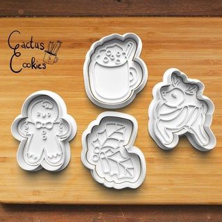 christmas cookie cutter set 0471 present gift love xmas baking fondant clay anniversary birthday stamp polymer embosser commercial license patreon gingerbread man mistletoe hot chocolate reindeer 3d print model - Mito3D