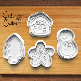 christmas cookie cutter set 0472 present gift love xmas baking fondant clay anniversary birthday stamp polymer embosser commercial license patreon snowman gingerbread house fir tree star 3d print model - Mito3D
