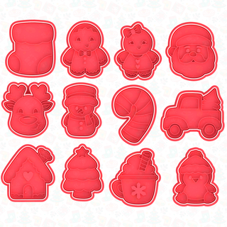 christmas elements cookie cutter set 12 Home stamp cookies cutters cartoon movie new year holidays grinch tree santa snowman elf angel 3d print model - Mito3D