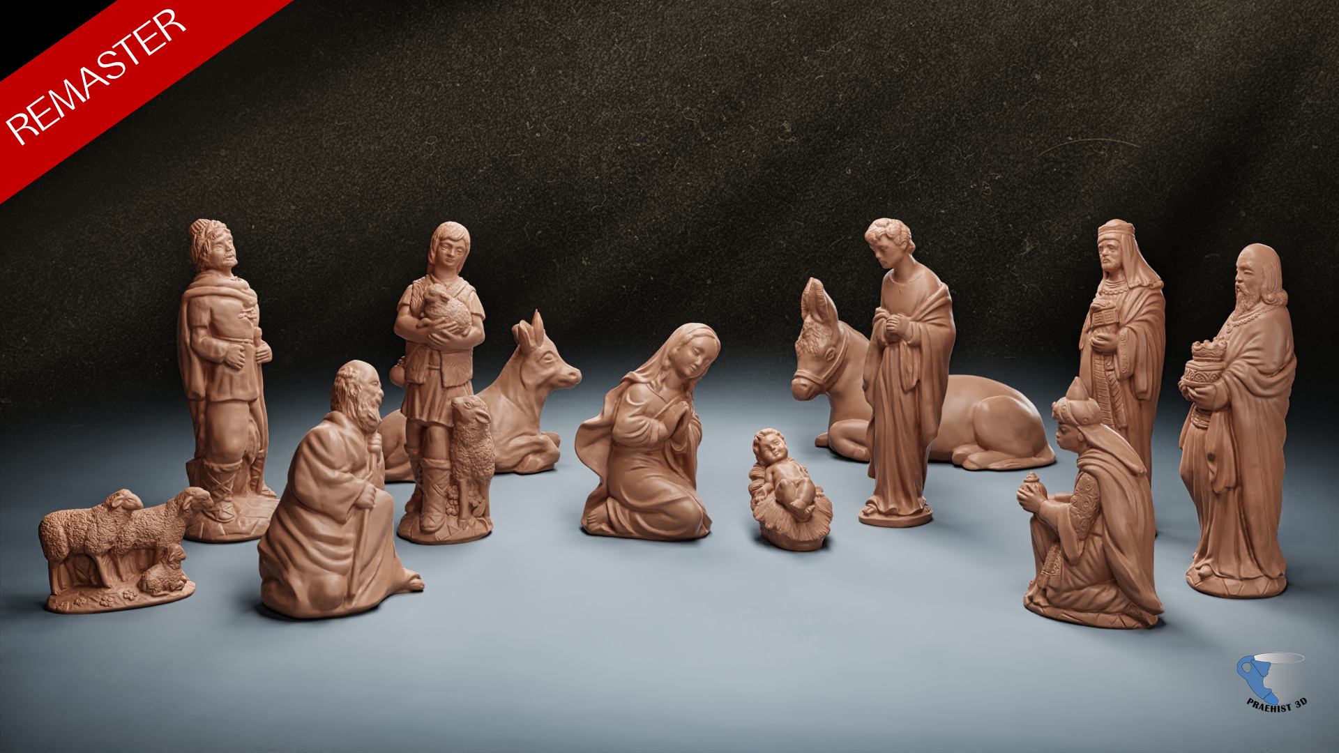 christmas nativity figurines set 3d printable scan jesus baby maria joseph balthazar melchior casper shepherd ox sheep donkey traditional praehist3d 3D print model - Mito3D