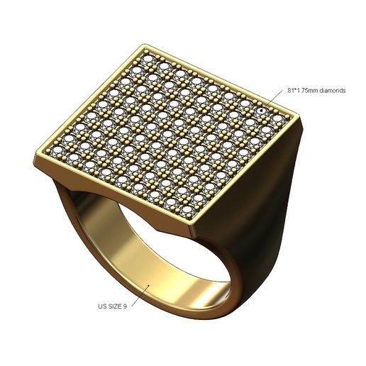 chunky diamond square statement ring us size 9 3d print model gold printable jewelry jewellery fashion silver sterling band luxury large bling swag rings 3D print model - Mito3D