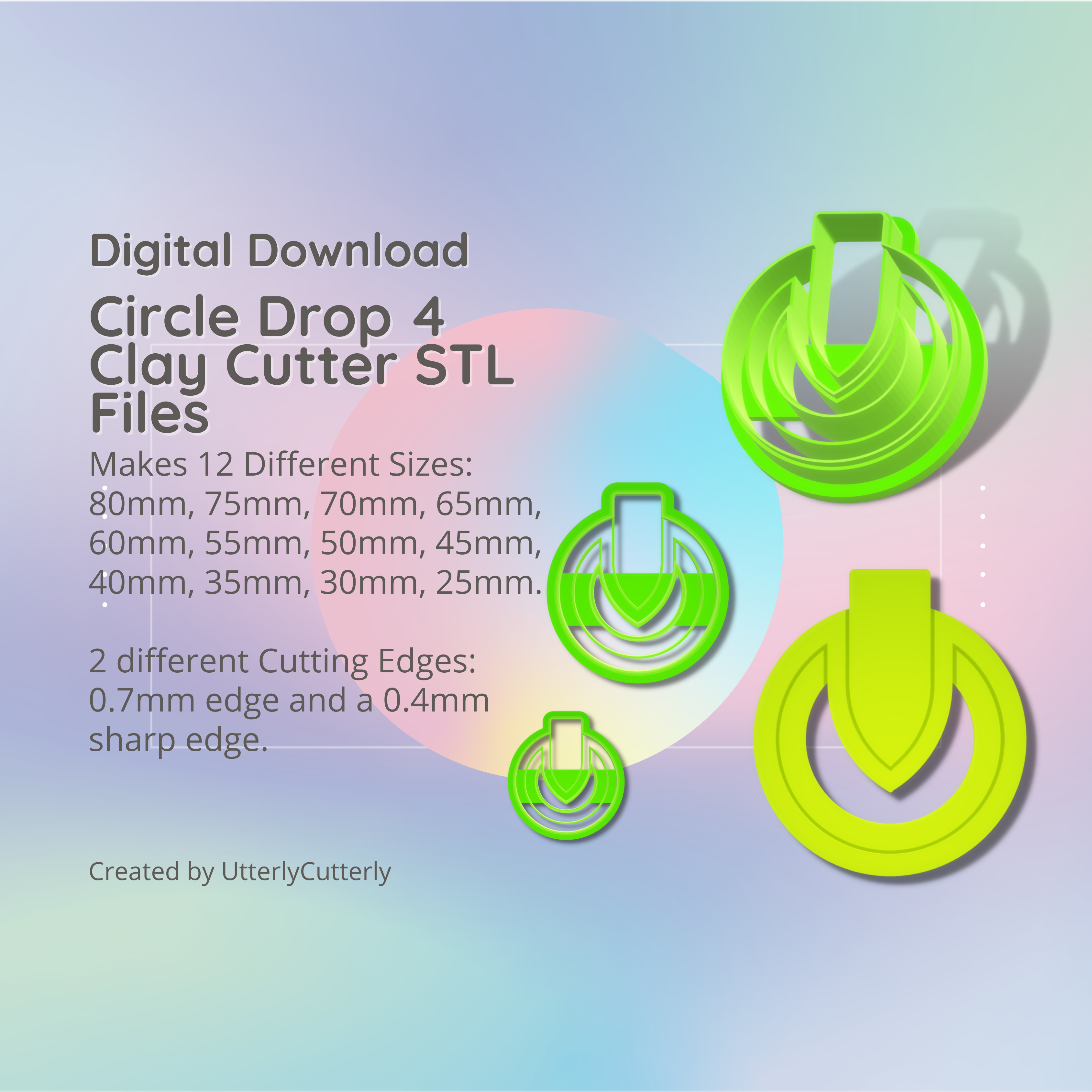 circle drop 4 clay cutter - stl digital file download- 12 sizes 2 versions earrings pendant barrette Jewelry earring polymer geometric embossed hexagon utterlycutterly utterly cutterly cookie fondant organic shape indie fashion 3D print model - Mito3D