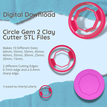 circle gem 2 clay cutter - jewel stl digital file download- 10 sizes versions earring polymer geometric embossed hexagon utterlycutterly utterly cutterly cookie fondant organic shape indie fashion 3d print model - Mito3D