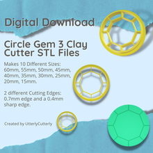 circle gem 3 clay cutter - jewel stl digital file download- 10 sizes 2 versions earring polymer geometric embossed hexagon utterlycutterly utterly cutterly cookie fondant organic shape indie fashion 3d print model - Mito3D