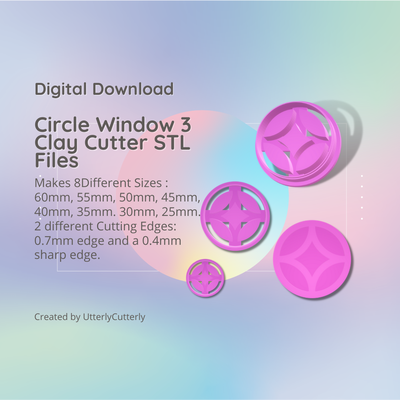 circle window 3 clay cutter - stl digital file download- 8 sizes 2 versions earring polymer geometric embossed hexagon utterlycutterly utterly cutterly cookie fondant organic shape indie 3d print model - Mito3D
