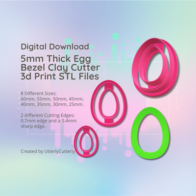 clay cutter stl file - 5mm thick easter egg bezel- spring earring digital download- 8 sizes 2 versions cookie polymer geometric embossed hexagon utterlycutterly utterly cutterly fondant organic shape indie fashion 3d print model - Mito3D