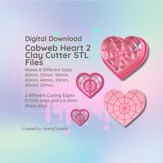 clay cutter stl file - cobweb heart 2 halloween whimsigoth earring digital download- 8 sizes versions cookie polymer geometric embossed hexagon utterlycutterly utterly cutterly fondant organic shape indie circle moon 3d print model - Mito3D