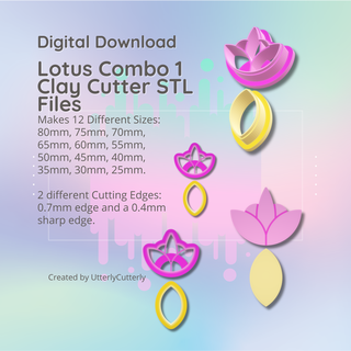 clay cutter stl file - lotus pearl combo 1 flower earring digital download- 12 sizes 2 versions cookie polymer geometric embossed hexagon utterlycutterly utterly cutterly fondant organic shape indie fashion 3d print model - Mito3D
