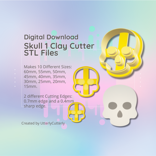 clay cutter stl file - skull 1- halloween whimsigoth earring digital download- 10 sizes 2 versions cookie polymer geometric embossed hexagon utterlycutterly utterly cutterly fondant organic shape indie circle moon 3d print model - Mito3D