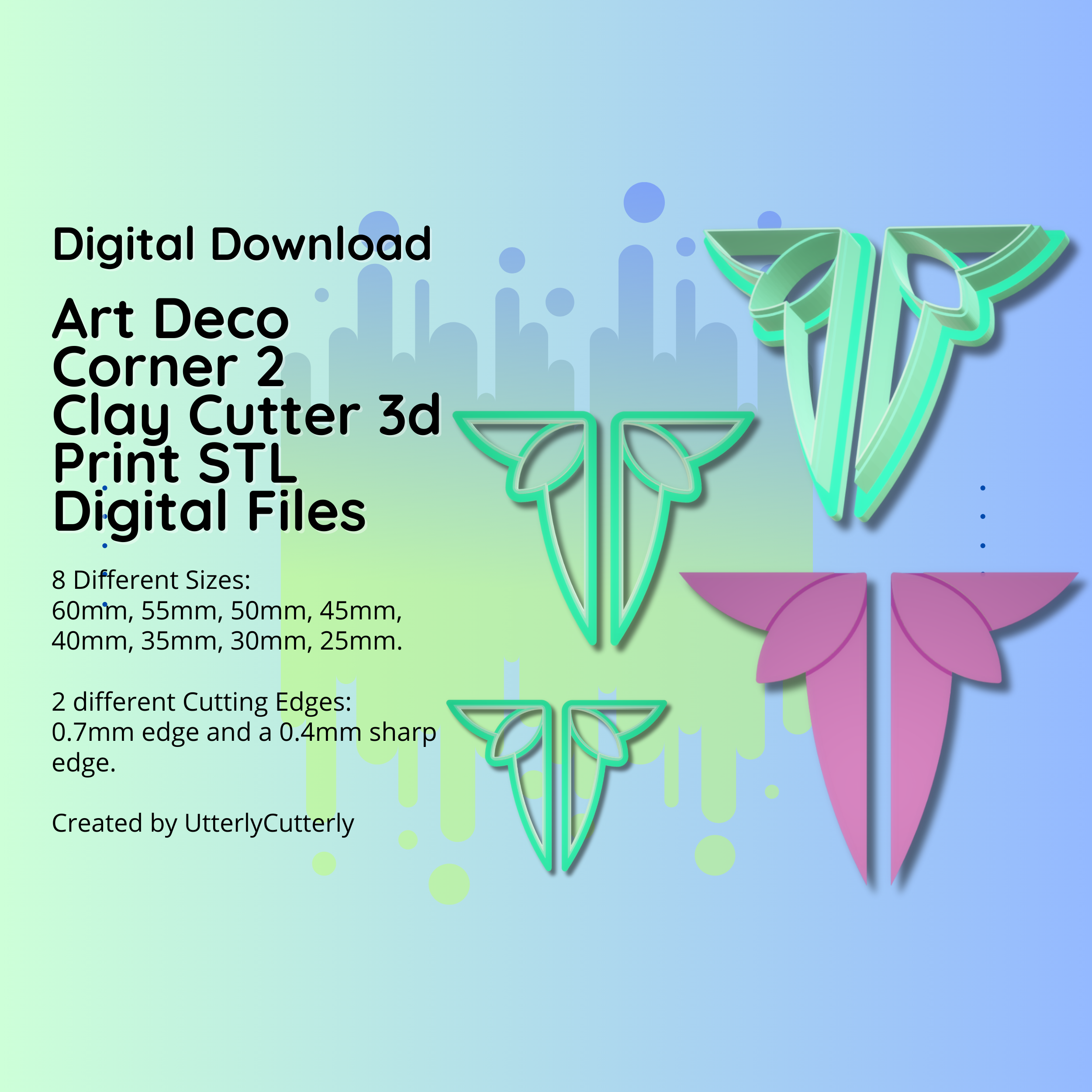 clay cutter stl file art deco corner 2 elegant earring digital download- 8 sizes & versions cookie jewelry polymer geometric embossed hexagon utterlycutterly utterly cutterly fondant organic shape indie fashion 3D print model - Mito3D