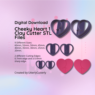 clay cutter stl file cheeky heart 1- earring digital download- 9 sizes & 2 versions cookie 3d print model - Mito3D