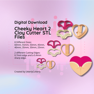 clay cutter stl file cheeky heart 2- earring digital download- 8 sizes & 2 versions cookie 3d print model - Mito3D