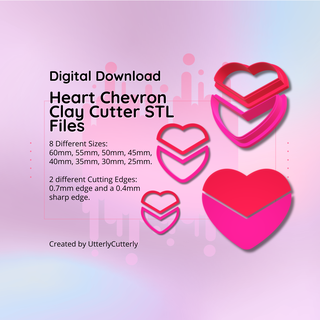 clay cutter stl file chevron heart- earring digital download- 8 sizes & 2 versions cookie 3d print model - Mito3D