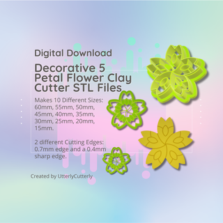 clay cutter stl file decorative 5 petal flower - earring digital download- 8 sizes 2 versions cookie polymer geometric embossed hexagon utterlycutterly utterly cutterly fondant organic shape indie fashion 3d print model - Mito3D