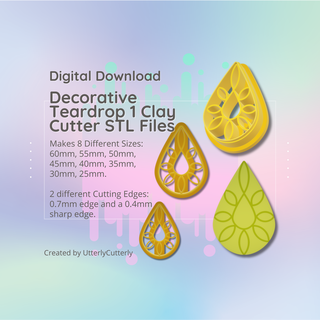 clay cutter stl file decorative teardrop 1- earring digital download- 8 sizes 2 versions cookie polymer geometric embossed hexagon utterlycutterly utterly cutterly fondant organic shape indie fashion 3d print model - Mito3D