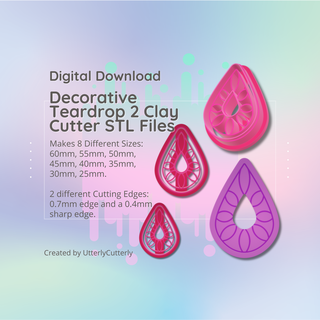 clay cutter stl file decorative teardrop 2- earring digital download- 8 sizes 2 versions cookie polymer geometric embossed hexagon utterlycutterly utterly cutterly fondant organic shape indie fashion 3d print model - Mito3D