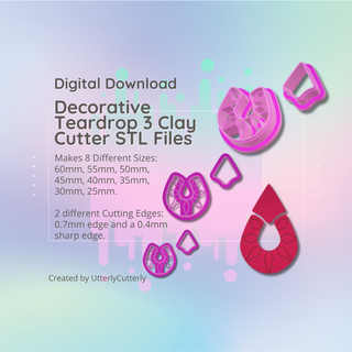 clay cutter stl file decorative teardrop 3- earring digital download- 8 sizes 2 versions cookie polymer geometric embossed hexagon utterlycutterly utterly cutterly fondant organic shape indie fashion 3d print model - Mito3D