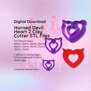 clay cutter stl file devil horned heart- earring digital download- 10 sizes & 2 versions cookie 3d print model - Mito3D