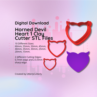clay cutter stl file devil horned heart 1- earring digital download- 10 sizes & 2 versions cookie 3d print model - Mito3D