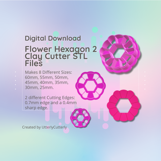 clay cutter stl file flower hexagon 2 - earring digital download- 8 sizes versions cookie polymer geometric embossed utterlycutterly utterly cutterly fondant organic shape indie fashion 3d print model - Mito3D