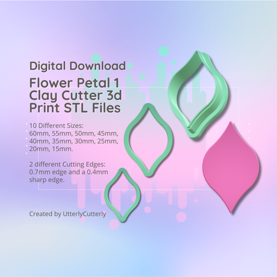 clay cutter stl file flower petal 1- earring digital download- 10 sizes & 2 versions cookie polymer geometric embossed hexagon utterlycutterly utterly cutterly fondant organic shape indie fashion 3d print model - Mito3D