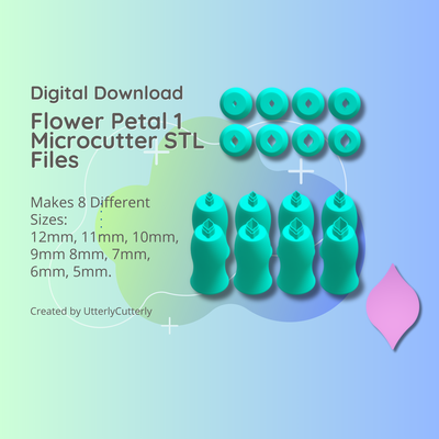 clay cutter stl file flower petal 1 micro cutter- earring digital download- 8 sizes polymer geometric embossed hexagon utterlycutterly utterly cutterly cookie fondant organic shape indie fashion 3d print model - Mito3D