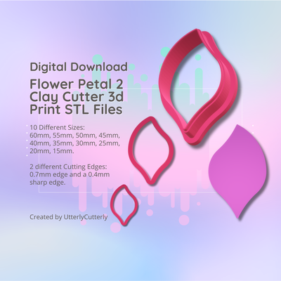 clay cutter stl file flower petal 2- earring digital download- 10 sizes & 2 versions cookie polymer geometric embossed hexagon utterlycutterly utterly cutterly fondant organic shape indie fashion 3d print model - Mito3D