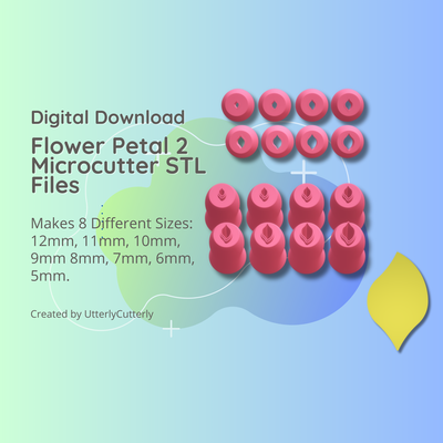 clay cutter stl file flower petal 2 micro cutter- earring digital download- 8 sizes polymer geometric embossed hexagon utterlycutterly utterly cutterly cookie fondant organic shape indie fashion 3d print model - Mito3D