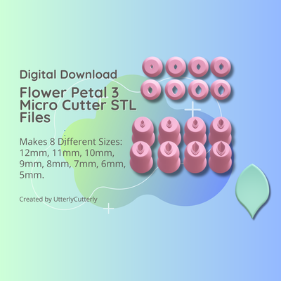 clay cutter stl file flower petal 3 micro cutter- earring digital download- 8 sizes polymer geometric embossed hexagon utterlycutterly utterly cutterly cookie fondant organic shape indie fashion 3d print model - Mito3D