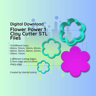 clay cutter stl file flower power 1- retro 60's daisy earring digital download- 10 sizes & 2 versions cookie polymer geometric embossed hexagon utterlycutterly utterly cutterly fondant organic shape indie fashion 3d print model - Mito3D
