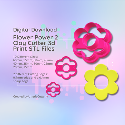clay cutter stl file flower power 2- retro 60's daisy earring digital download- 10 sizes & 2 versions cookie polymer geometric embossed hexagon utterlycutterly utterly cutterly fondant organic shape indie fashion 3d print model - Mito3D