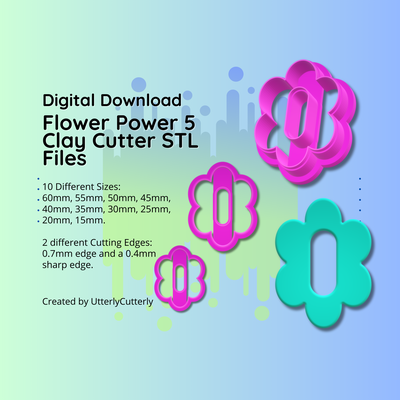 clay cutter stl file flower power 5- retro 60's daisy earring digital download- 10 sizes & 2 versions cookie polymer geometric embossed hexagon utterlycutterly utterly cutterly fondant organic shape indie fashion 3d print model - Mito3D