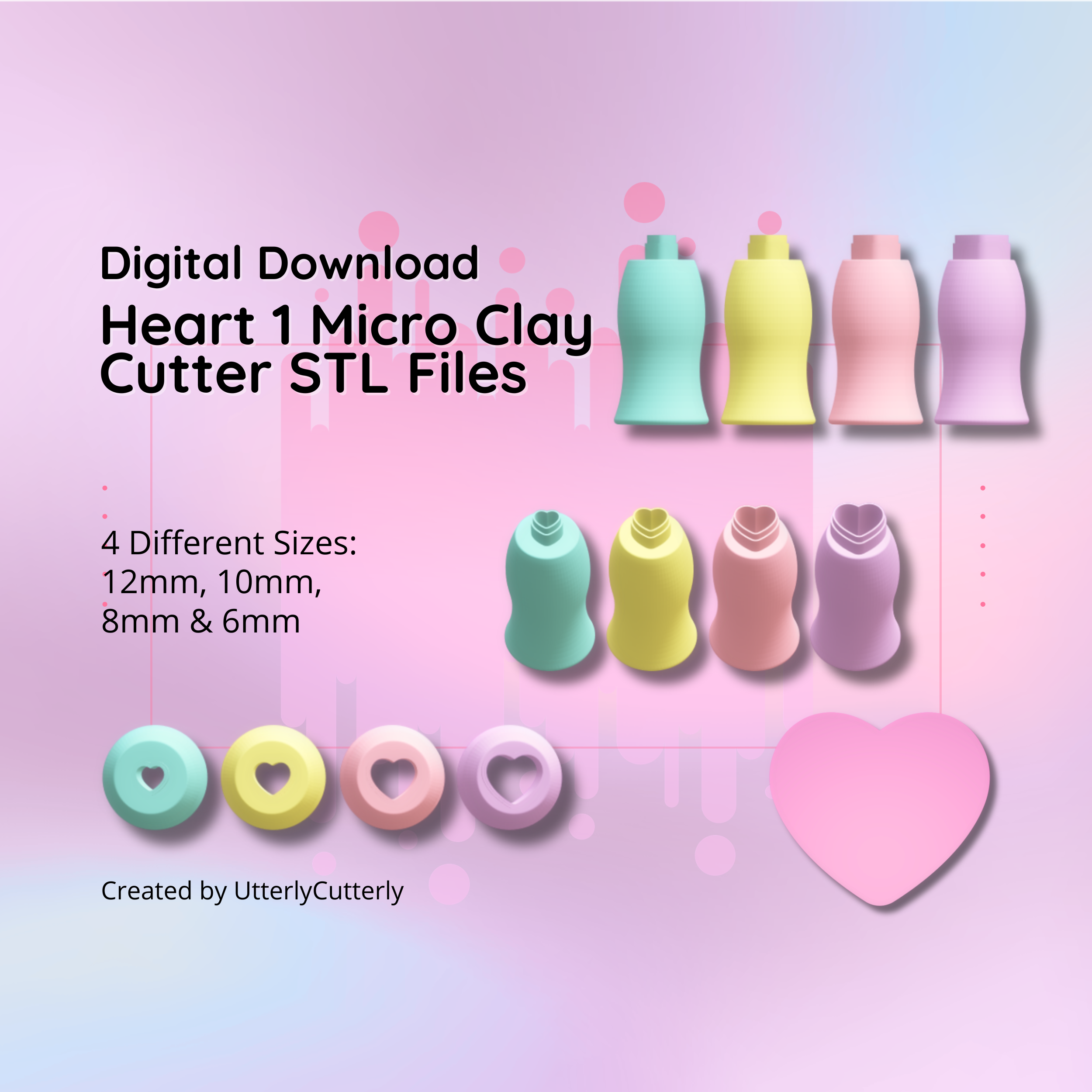 clay cutter stl file heart 1 micro cutter- earring digital download- 4 sizes 3D print model - Mito3D