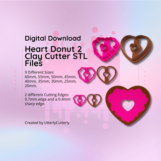 clay cutter stl file heart donut 2- earring digital download- 9 sizes & 2 versions cookie 3d print model - Mito3D