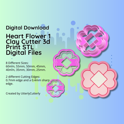 clay cutter stl file heart flower 1- earring digital download- 8 sizes & 2 versions cookie jewelry polymer geometric embossed hexagon utterlycutterly utterly cutterly fondant organic shape indie fashion 3d print model - Mito3D