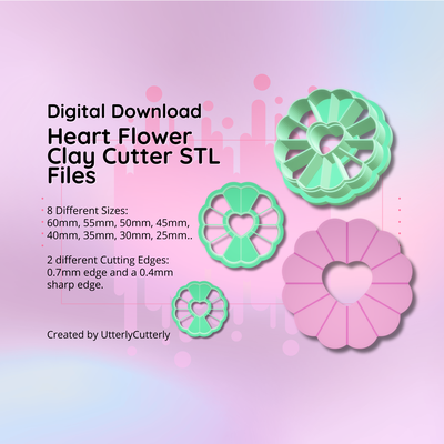 clay cutter stl file heart flower 1- love earring digital download- 8 sizes & 2 versions cookie polymer geometric embossed hexagon utterlycutterly utterly cutterly fondant organic shape indie fashion 3d print model - Mito3D