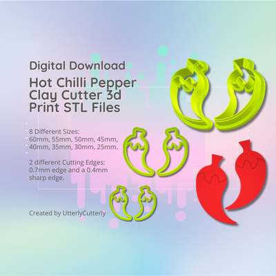 clay cutter stl file hot chilli pepper- earring digital download- 8 sizes & 2 versions cookie polymer geometric embossed hexagon utterlycutterly utterly cutterly fondant organic shape indie fashion 3d print model - Mito3D