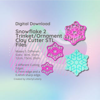 clay cutter stl file large snowflake 2 trinket ornament - home decor digital download- 5 sizes versions cookie Home earring polymer geometric embossed hexagon utterlycutterly utterly cutterly fondant organic shape indie fashion 3d print model - Mito3D