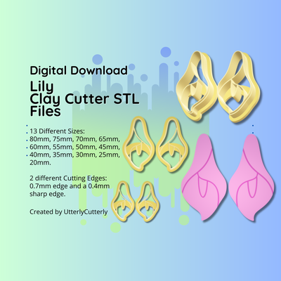 clay cutter stl file lily- flower earring digital download- 13 sizes & 2 versions cookie polymer geometric embossed hexagon utterlycutterly utterly cutterly fondant organic shape indie fashion 3d print model - Mito3D
