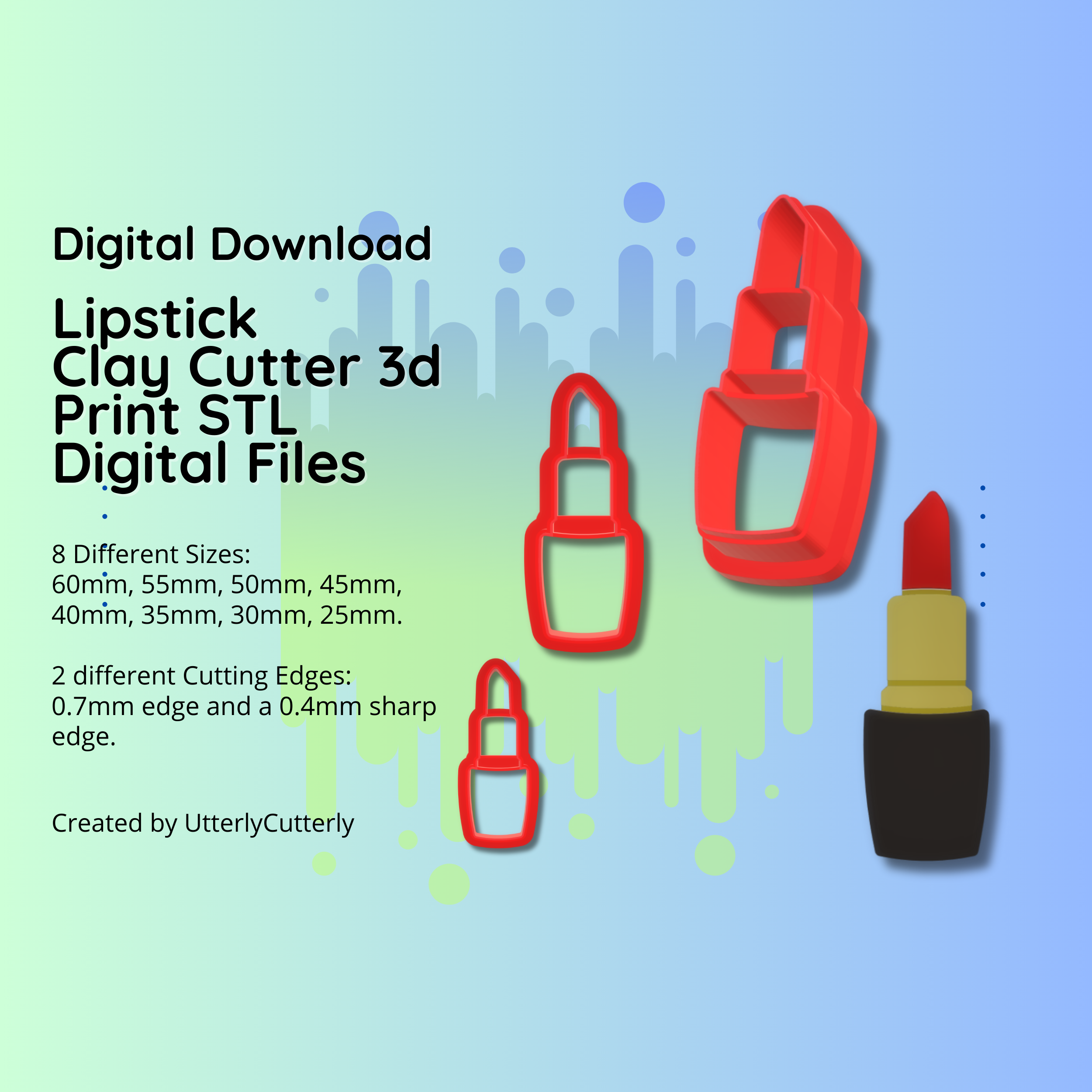 clay cutter stl file lipstick- pin up cosmetics earring digital download- 8 sizes & 2 versions cookie jewelry polymer geometric embossed hexagon utterlycutterly utterly cutterly fondant organic shape indie fashion 3D print model - Mito3D